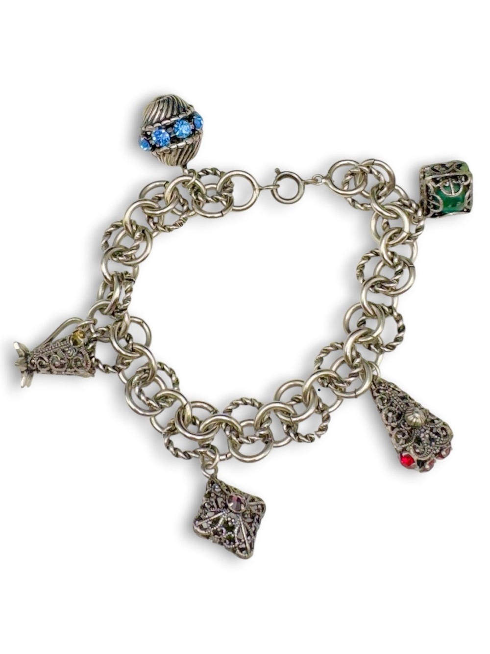 Vintage Etruscan Revival Style Rhinestone & Cabochon Fob Charm Bracelet